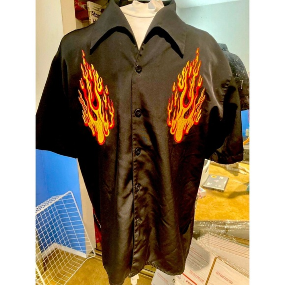 Vintage Dragonfly‎ Embroidered Flame Collar Dress Shirt~Size L~Short Sleeve